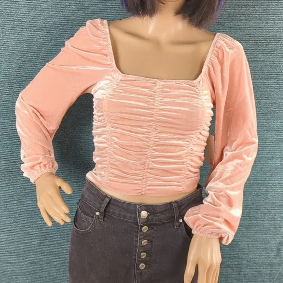 Barbie Pink Velvet Long Sleeve Ruched Crop Top, Square Neckline Juniors - Picture 3 of 13